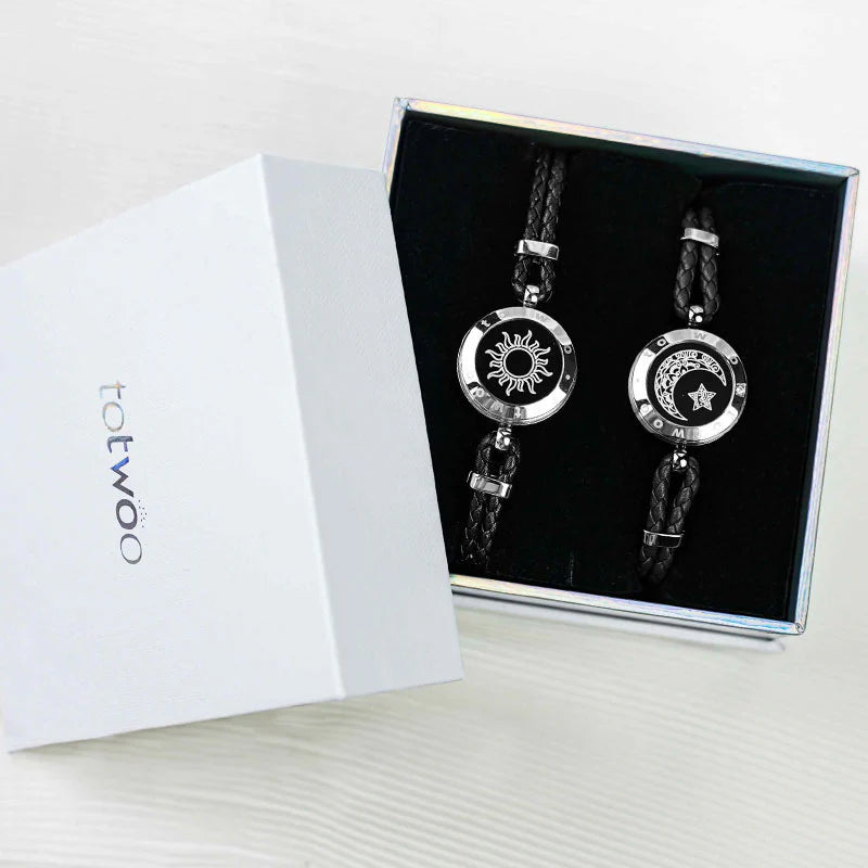 Sun & Moon Touch Bracelets (Braided Leather Rope Edition — Black + Black)