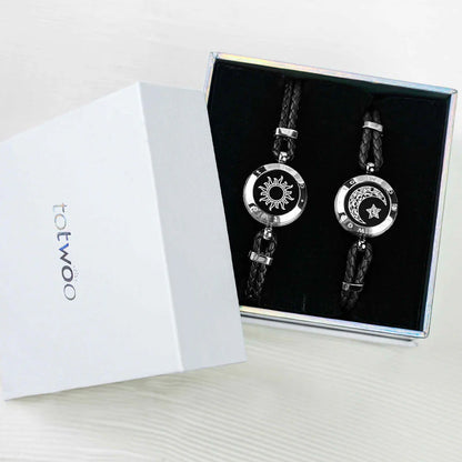 Sun & Moon Touch Bracelets (Braided Leather Rope Edition — Black + Black)