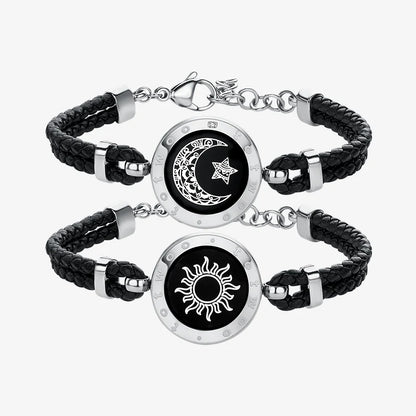 Sun & Moon Touch Bracelets (Braided Leather Rope Edition — Black + Black)