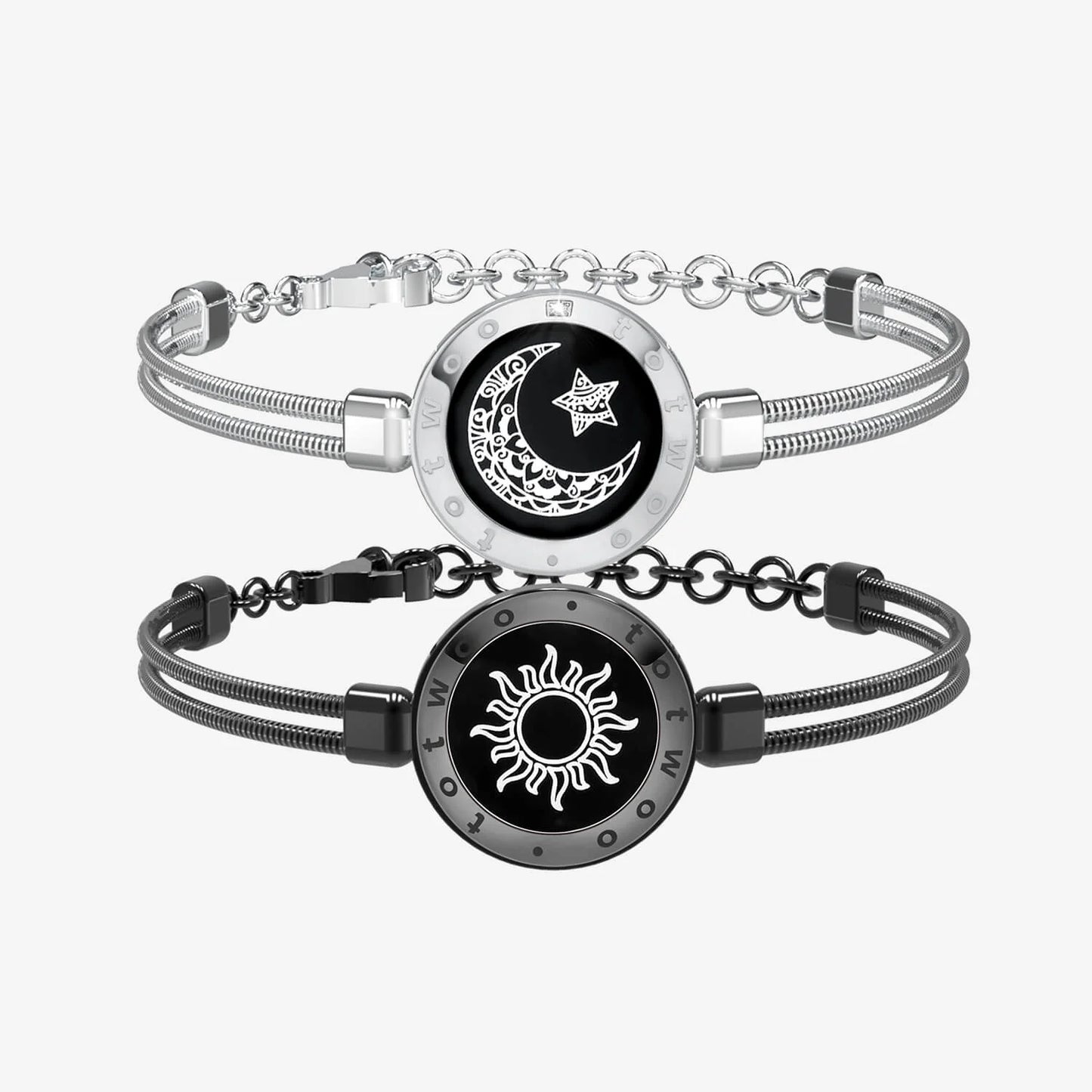 Sun & Moon Touch Bracelets  (Snake Chain Edition — Black + Silver)