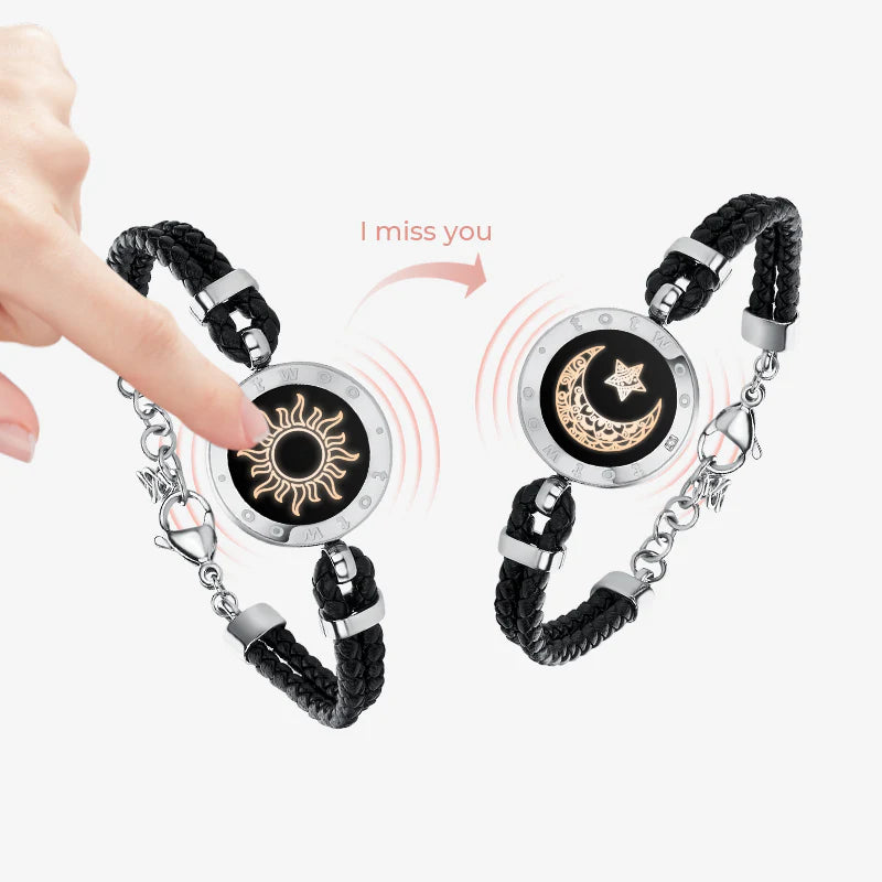 Sun & Moon Touch Bracelets (Braided Leather Rope Edition — Black + Black)